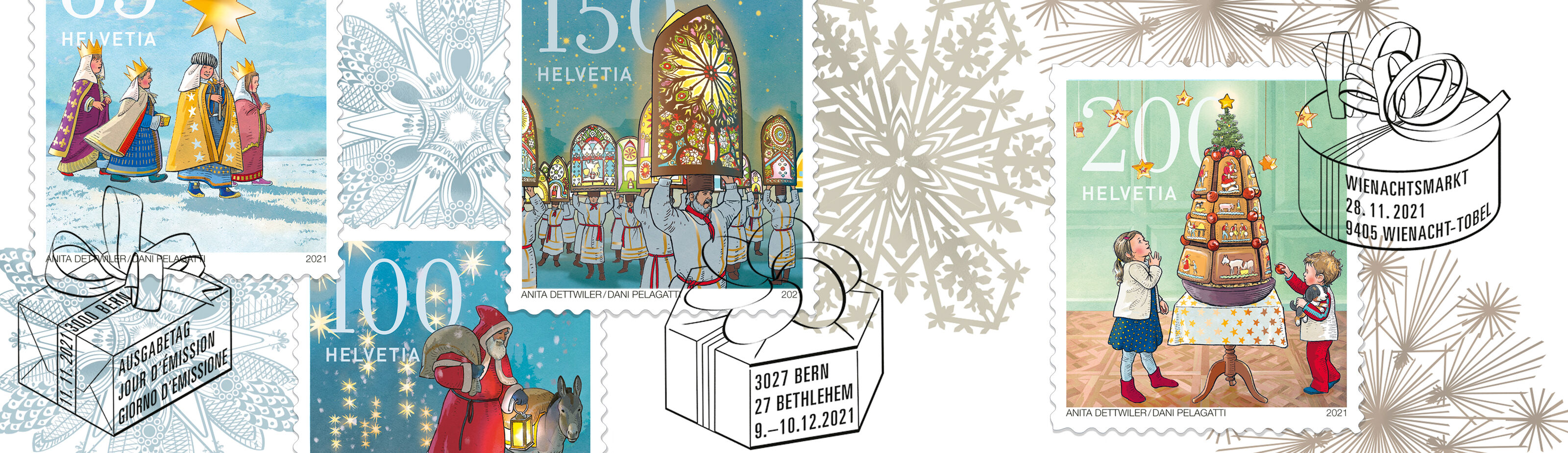 Bunterhund_Briefmarke_Post-Schweiz_Weihnachten-21-Brauchtum_alle_-_bunterhund-Illustration