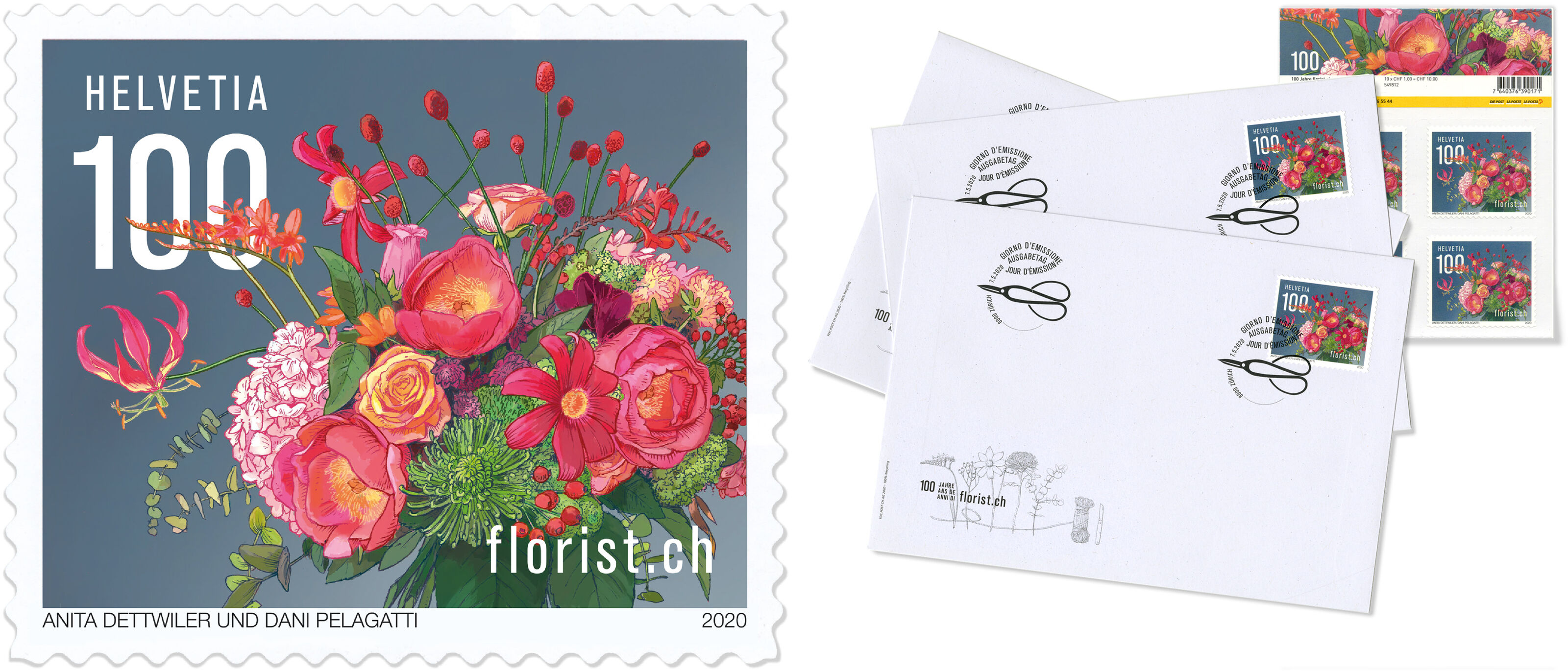 Post-Sondermarke-3_Blumenstrauss_100J-Floristch_Blumenstrauss_bunterhund-Ilustration