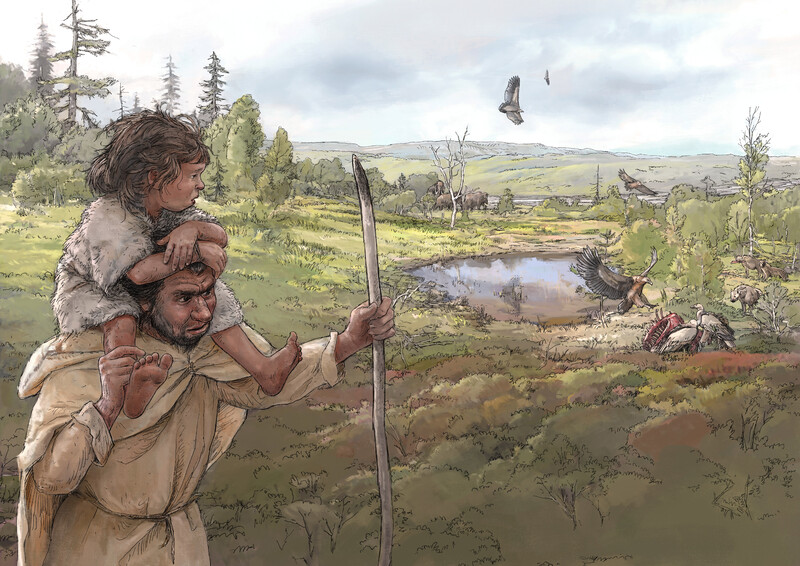 Basel-Riehen_vor-48000-Jahren-Neandertaler-Mammut-Labensbild_bunterhund-Illustration