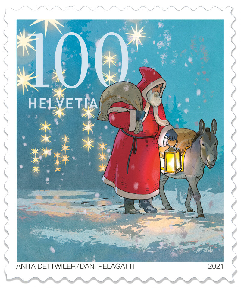 Bunterhund_Briefmarke_Post-Schweiz_Weihnachten-21-Brauchtum_Chlaus_bunterhund-Illustration