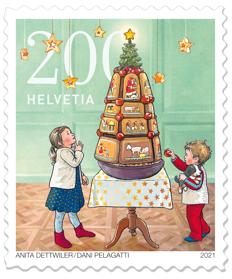 Bunterhund_Briefmarke_Post-Schweiz_Weihnachten-21-Brauchtum_Chlausezueueg_bunterhund-Illustration