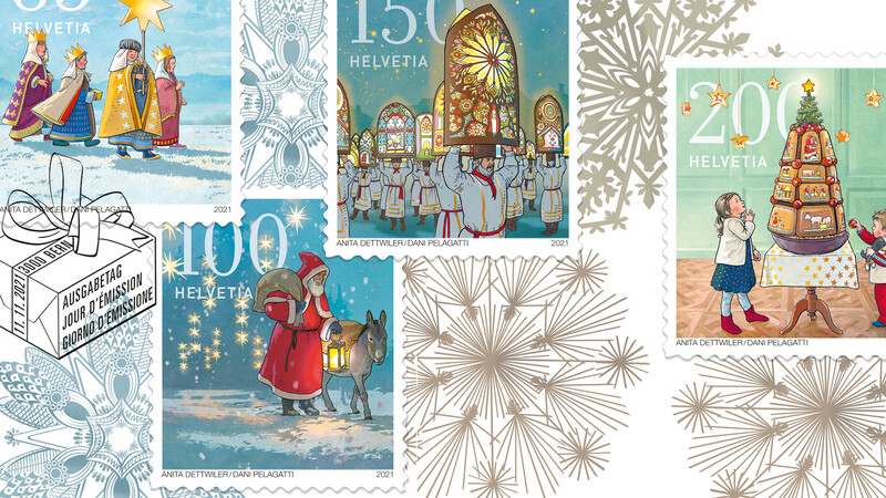 Bunterhund_Briefmarke_Post-Schweiz_Weihnachten-21-Brauchtum_alle-Muster_aktuell_bunterhund-Illustration