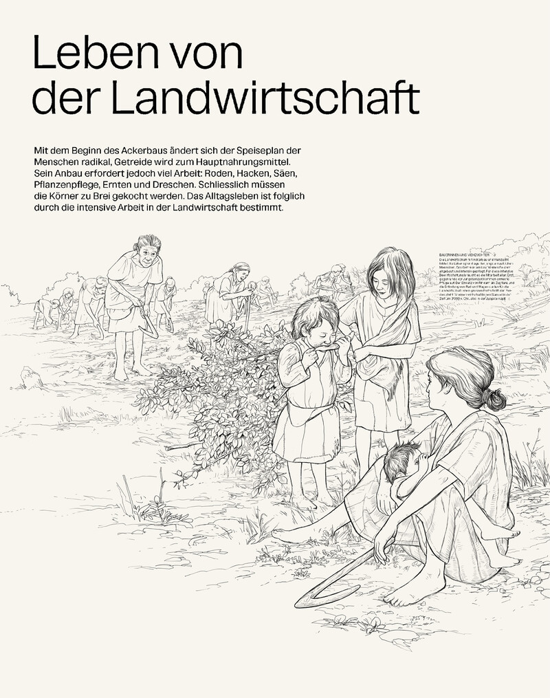KMUZ_Bildergeschichten_Pfahlbauerin_Neolithikum_Archaeologie_Rekonstuktion_Lebensbild_bunterhund-Illustration